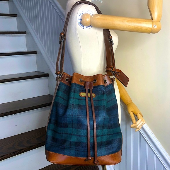 RALPH LAUREN Black Watch Plaid LRG Leather Canvas Drawstring Bucket Shoulder Bag - Picture 4 of 17